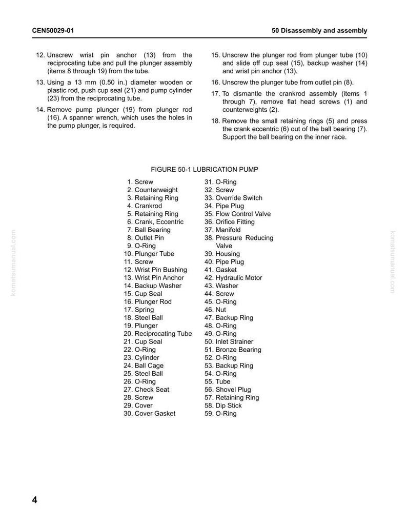 May include: Diagram of a lubrication pump with numbered parts and disassembly instructions. Includes a list of components such as screws, O-rings, and a hydraulic motor. The text includes measurements in inches.