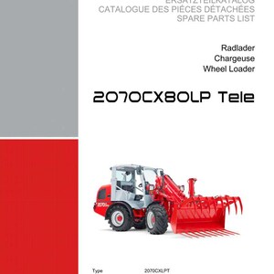 May include: A catalog cover featuring a red and gray wheel loader, model 2070CX80LP Tele, with the Weidemann logo. The catalog title is in English, French, and German. The image includes the wheel loader's model number and specifications.