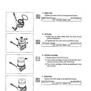 Puede incluir: Diagrama de un sistema de lubricaci&oacute;n con instrucciones para la v&aacute;lvula de alivio, el enfriador de aceite, el cartucho del filtro de aceite y el tap&oacute;n de drenaje. Incluye especificaciones de par en kg-m/lb.ft/N-m.
