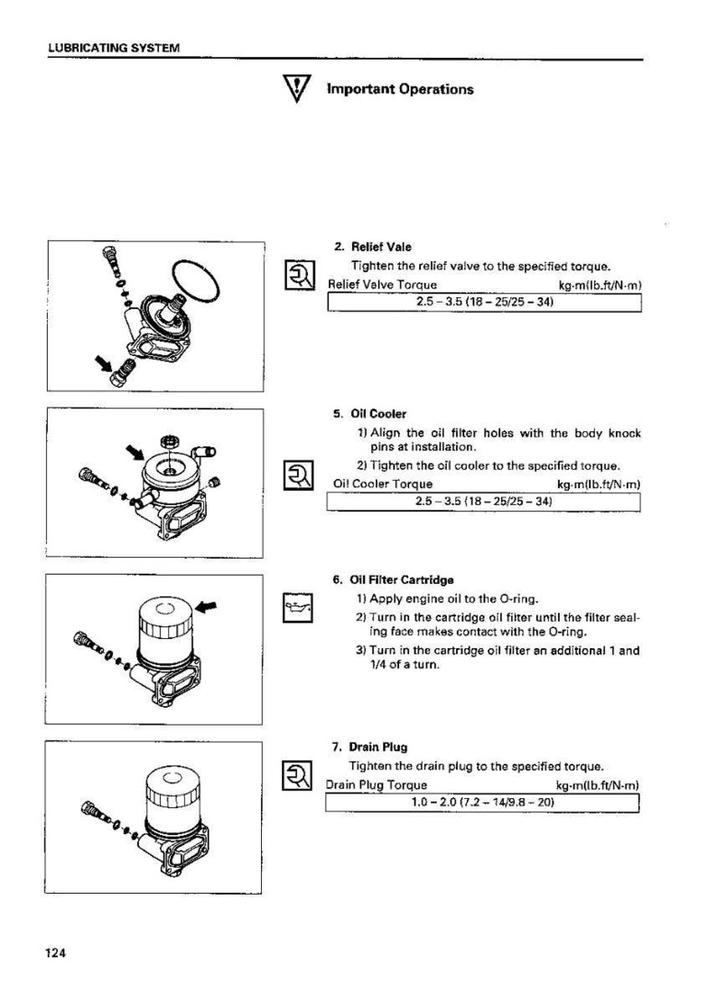 Puede incluir: Diagrama de un sistema de lubricaci&oacute;n con instrucciones para la v&aacute;lvula de alivio, el enfriador de aceite, el cartucho del filtro de aceite y el tap&oacute;n de drenaje. Incluye especificaciones de par en kg-m/lb.ft/N-m.