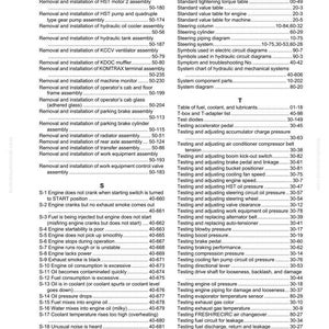 May include: Index page from a machinery repair manual, listing topics like engine troubleshooting, steering systems, and fuel system diagnostics. Includes page numbers for easy reference.
