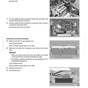 Pu&ograve; includere: Diagramma di smontaggio del gruppo cabina operatore, con passaggi numerati e illustrazioni. Include istruzioni per la rimozione di piastre, condotti e connettori. Viste ravvicinate dei componenti e degli strumenti.