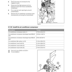 May include: Diagram of an air conditioning compressor installation procedure, with detailed instructions and torque specifications. Includes illustrations of the compressor and related components, along with measurements in inches and lbf ft.