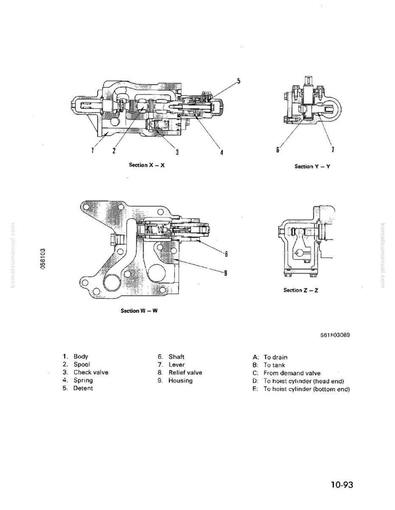 May include: Technical diagram of a hydraulic system component, featuring cross-sectional views labeled X-X, Y-Y, W-W, and Z-Z. Components include a body, spool, check valve, spring, detent, shaft, lever, relief valve, and housing. Text labels identify each part.