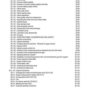 May include: A detailed table of contents from a manual, listing engine maintenance and repair procedures. Topics include valve adjustments, fuel supply, cooling systems, and engine accessories. The page numbers are listed on the right.