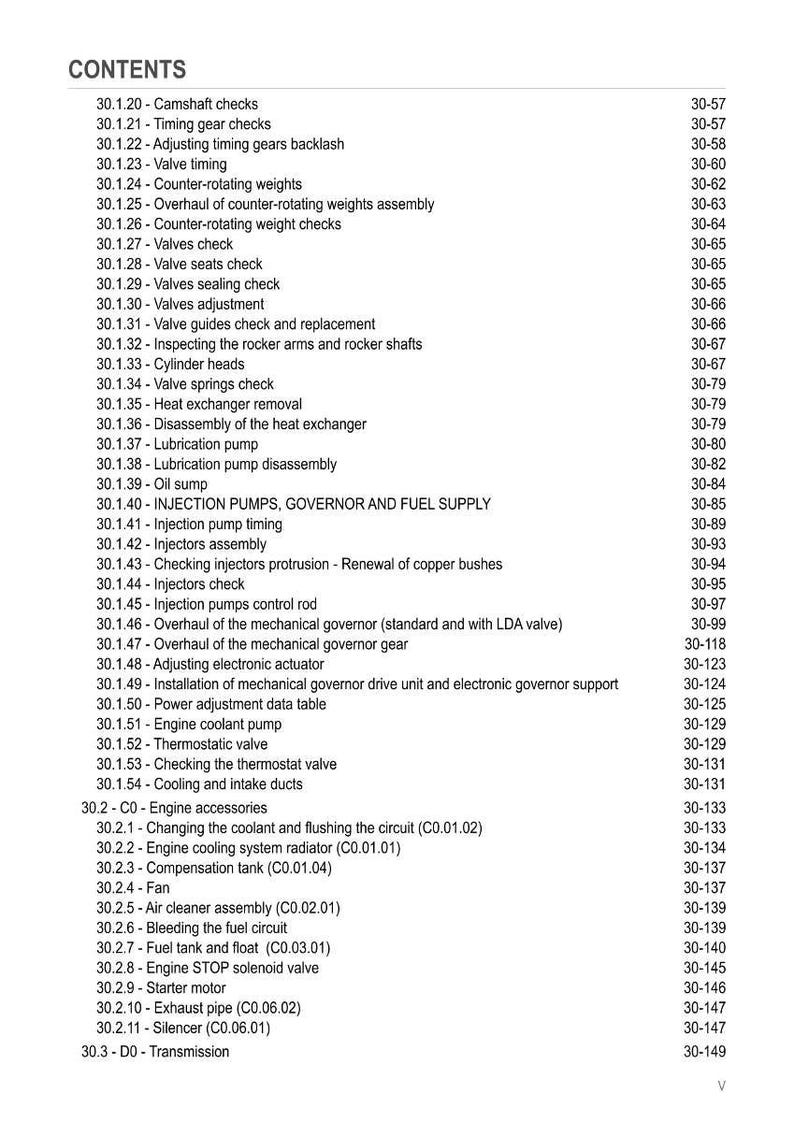 May include: A detailed table of contents from a manual, listing engine maintenance and repair procedures. Topics include valve adjustments, fuel supply, cooling systems, and engine accessories. The page numbers are listed on the right.