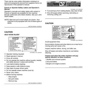 Pu&ograve; includere: Una pagina del manuale dell'operatore con etichette di sicurezza e testo. Il manuale include avvertenze sui potenziali pericoli, come lame rotanti e rischi di incendio, e istruzioni per il funzionamento e la manutenzione sicuri.