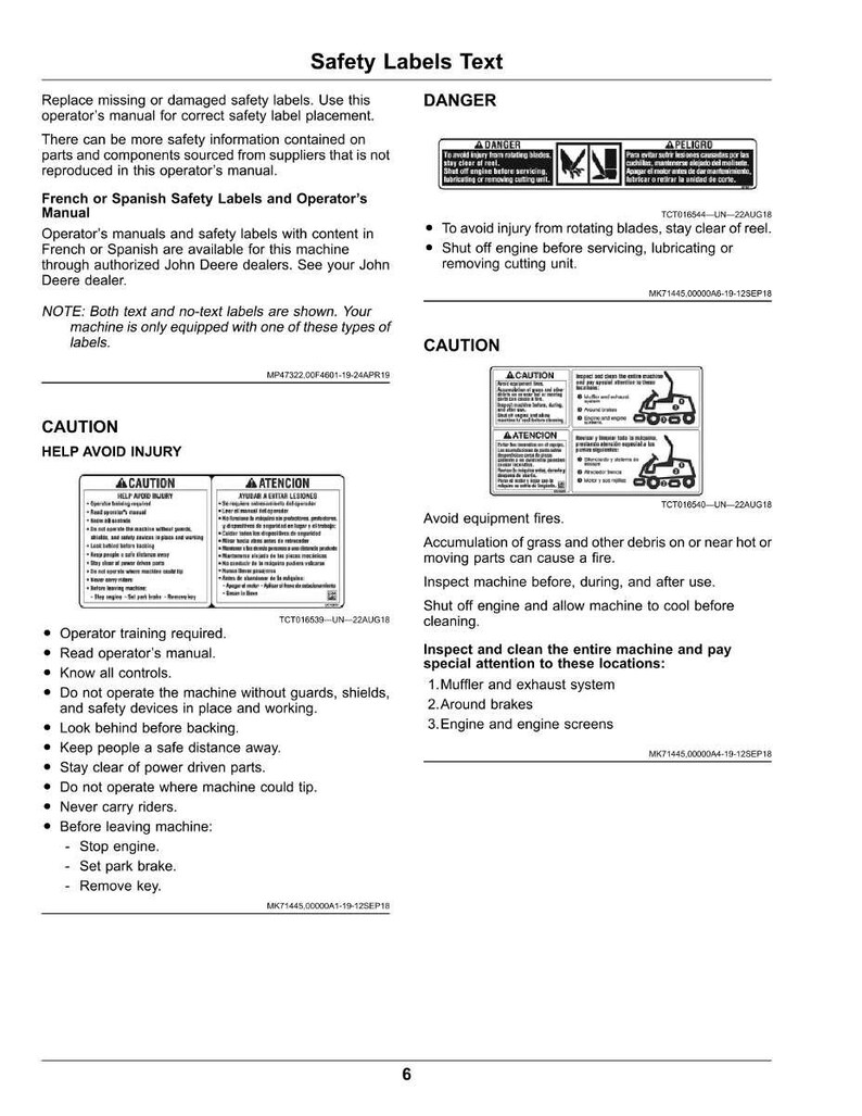 Pu&ograve; includere: Una pagina del manuale dell'operatore con etichette di sicurezza e testo. Il manuale include avvertenze sui potenziali pericoli, come lame rotanti e rischi di incendio, e istruzioni per il funzionamento e la manutenzione sicuri.