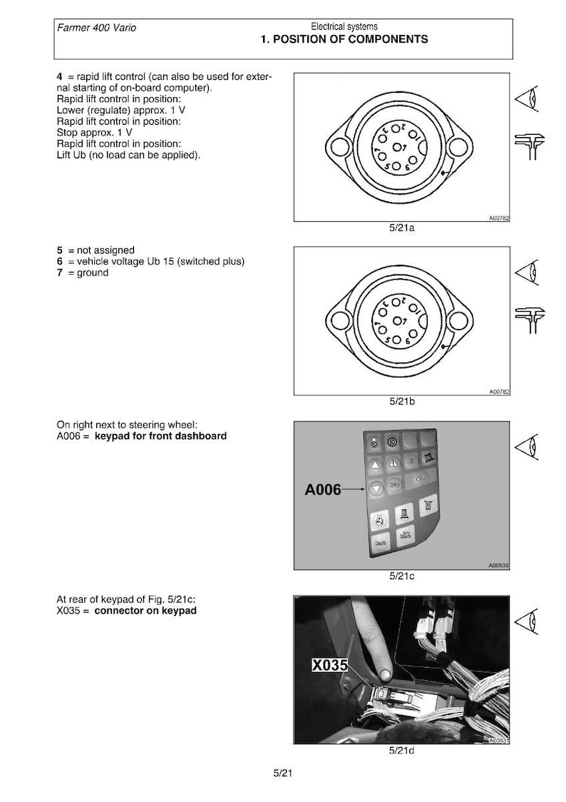 K&ouml;nnte beinhalten: Diagramm der elektrischen Komponenten f&uuml;r einen Farmer 400 Vario. Enth&auml;lt Abbildungen von Rundsteckern, einer Tastatur mit der Bezeichnung A006 und einem Stecker mit der Bezeichnung X035. Textdetails zu Positionen und Funktionen der Komponenten.