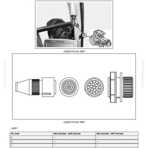 Pu&ograve; includere: Diagramma tecnico del connettore X907 (W44 e W47) senza AutoTrac. L'immagine mostra diverse viste del connettore, un'illustrazione di un trattore e una tabella dei codici pin con i numeri dei fili.