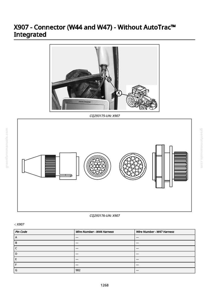 Pu&ograve; includere: Diagramma tecnico del connettore X907 (W44 e W47) senza AutoTrac. L'immagine mostra diverse viste del connettore, un'illustrazione di un trattore e una tabella dei codici pin con i numeri dei fili.