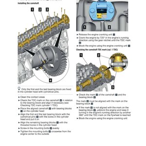 May include: Diagram of an engine with labeled components and instructions for timing and installation. Includes close-ups of the camshaft, bearing blocks, and engine cranking unit. Text includes "4 Engine" and "4.3 Engine control."