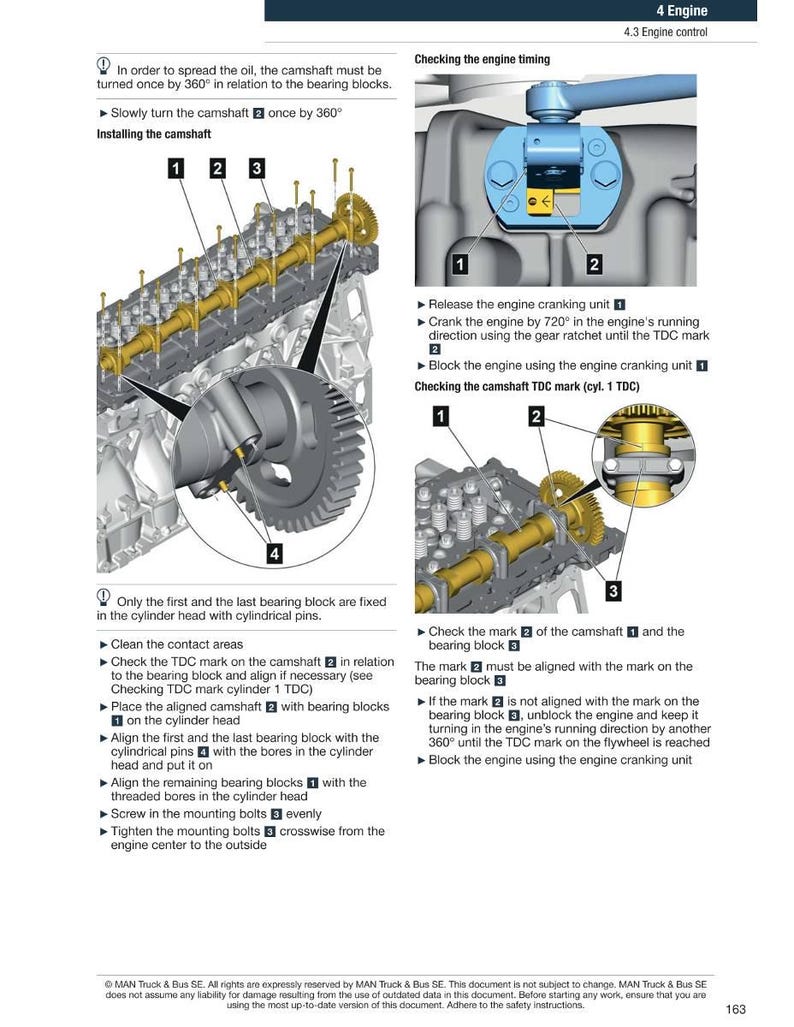 May include: Diagram of an engine with labeled components and instructions for timing and installation. Includes close-ups of the camshaft, bearing blocks, and engine cranking unit. Text includes "4 Engine" and "4.3 Engine control."