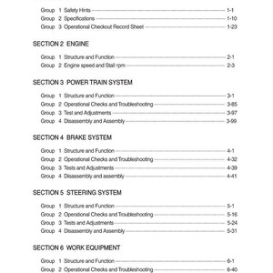 May include: A manual contents page, listing sections and groups. Sections include GENERAL, ENGINE, POWER TRAIN SYSTEM, BRAKE SYSTEM, STEERING SYSTEM, and WORK EQUIPMENT. Each section has numbered groups with corresponding page numbers.