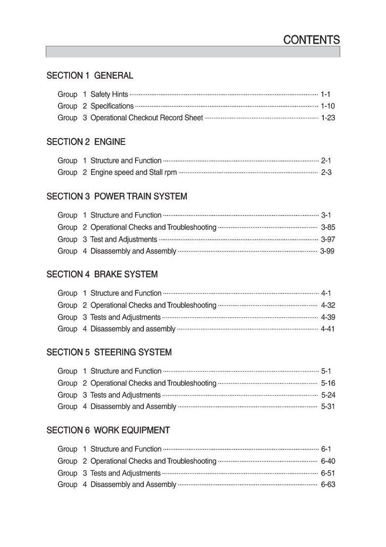 May include: A manual contents page, listing sections and groups. Sections include GENERAL, ENGINE, POWER TRAIN SYSTEM, BRAKE SYSTEM, STEERING SYSTEM, and WORK EQUIPMENT. Each section has numbered groups with corresponding page numbers.