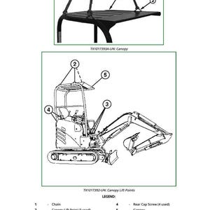 May include: Diagram of a black canopy with chains and a small excavator. The diagram includes labels for the chain, canopy lift points, front cap screw, rear cap screw, and canopy. Text includes "TX1017393A-UN: Canopy" and "TX1017392-UN: Canopy Lift Points."