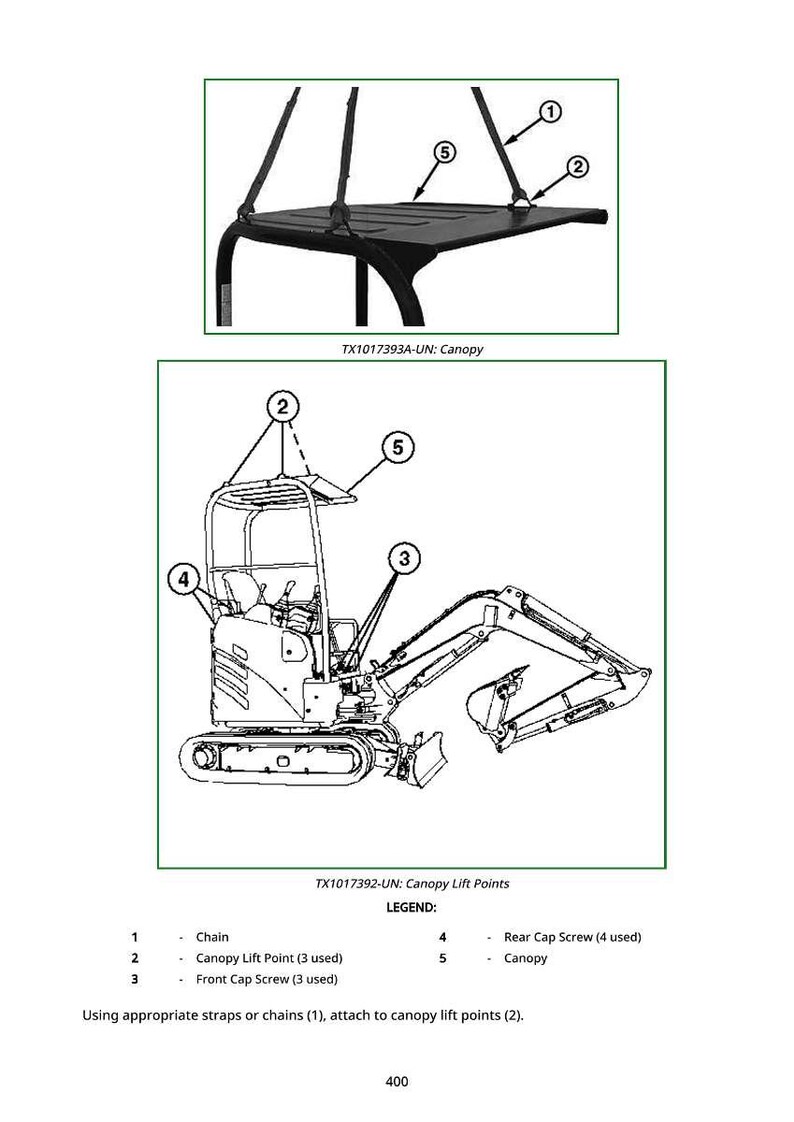 May include: Diagram of a black canopy with chains and a small excavator. The diagram includes labels for the chain, canopy lift points, front cap screw, rear cap screw, and canopy. Text includes "TX1017393A-UN: Canopy" and "TX1017392-UN: Canopy Lift Points."