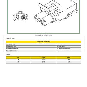 Op de afbeelding: Technische tekening van een elektrische connector met twee pinnen, A en B. De eindweergave toont de vorm van de connector en de tekst "RXA0060713-UN: End View". Een tabel geeft component- en pin-informatie.