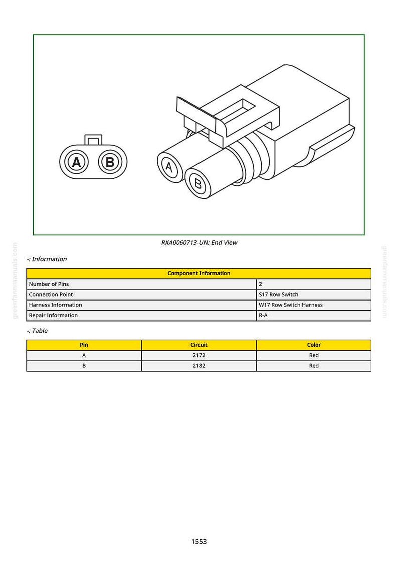 Op de afbeelding: Technische tekening van een elektrische connector met twee pinnen, A en B. De eindweergave toont de vorm van de connector en de tekst "RXA0060713-UN: End View". Een tabel geeft component- en pin-informatie.