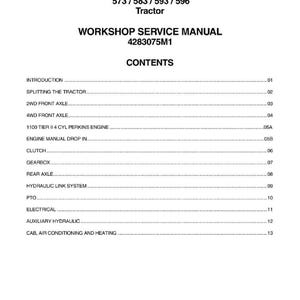 May include: A white Workshop Service Manual for Massey Ferguson tractors, models 573, 583, 593, and 596. The manual includes a table of contents with sections on various tractor components and systems.