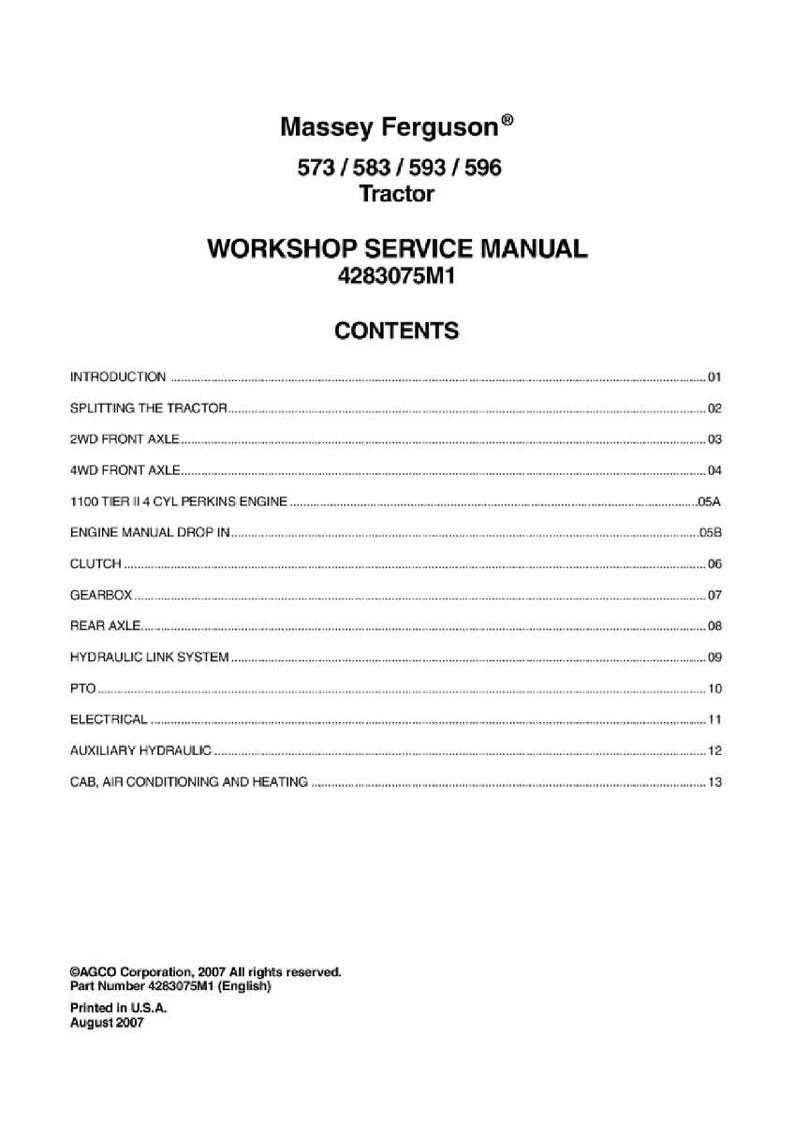 May include: A white Workshop Service Manual for Massey Ferguson tractors, models 573, 583, 593, and 596. The manual includes a table of contents with sections on various tractor components and systems.