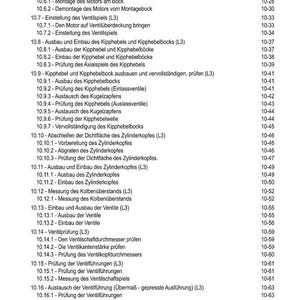 Pu&ograve; includere: Una pagina di un manuale intitolata "INHALT" (Sommario) con un elenco di procedure tecniche, inclusi controlli e regolazioni dei componenti del motore. Il testo &egrave; in tedesco, con numeri di pagina a destra.