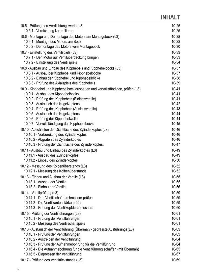 Pu&ograve; includere: Una pagina di un manuale intitolata "INHALT" (Sommario) con un elenco di procedure tecniche, inclusi controlli e regolazioni dei componenti del motore. Il testo &egrave; in tedesco, con numeri di pagina a destra.
