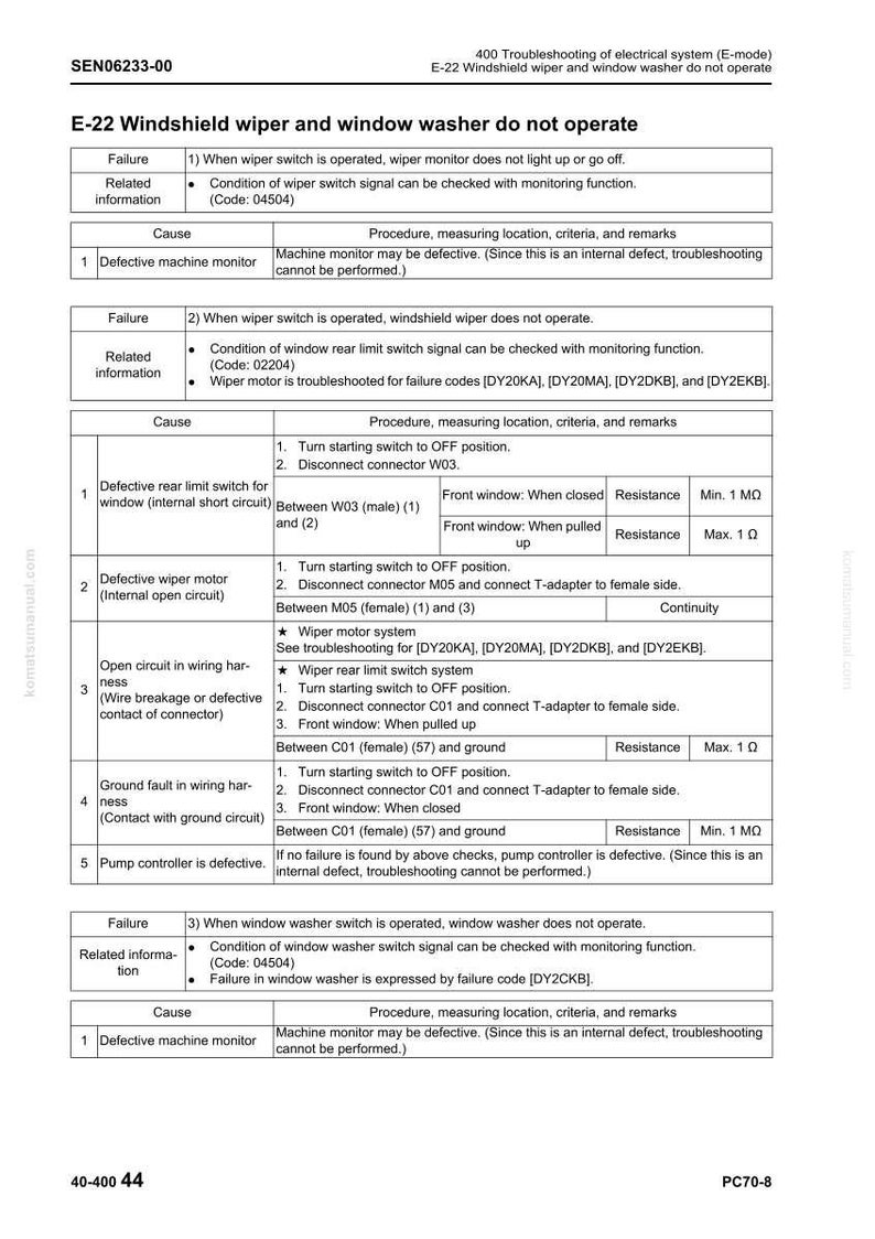Pode incluir: Um guia de solu&ccedil;&atilde;o de problemas para o sistema de limpador de para-brisa e lavador E-22. O documento inclui an&aacute;lise de falhas, informa&ccedil;&otilde;es relacionadas, causas e procedimentos para diagnosticar e reparar o sistema. Inclui diagramas el&eacute;tricos e localiza&ccedil;&otilde;es de componentes.