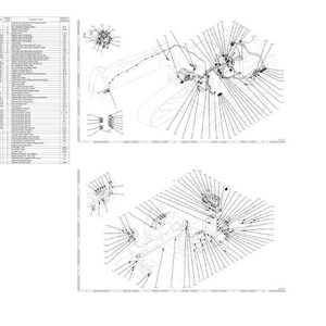 Op de afbeelding: Technische diagrammen en schema's, weergegeven in zwart-wit. De afbeelding bevat gedetailleerde tekeningen van mechanische componenten, met labels en annotaties. Er is ook een onderdelenlijst opgenomen, die een uitgebreid overzicht van de items biedt.