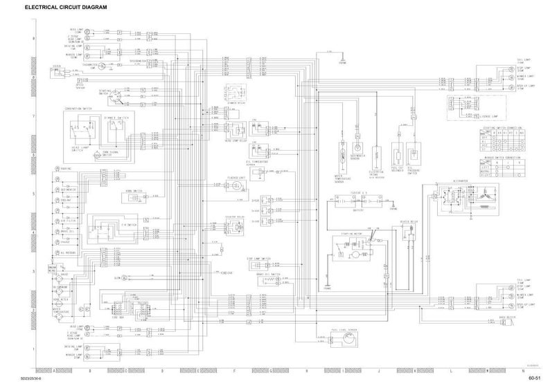 May include: An electrical circuit diagram with the title "ELECTRICAL CIRCUIT DIAGRAM" at the top. The diagram is a complex network of lines, symbols, and text, all in black and white, representing the wiring and components of an electrical system.