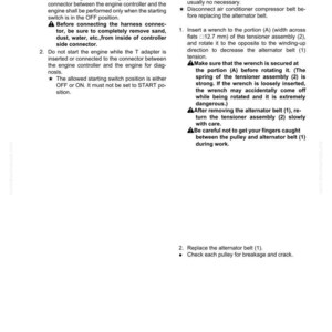 Peut inclure: Page d'un manuel avec des instructions pour manipuler un circuit haute tension et remplacer une courroie d'alternateur. Le texte comprend des consignes de s&eacute;curit&eacute; et des conseils d'entretien automobile.