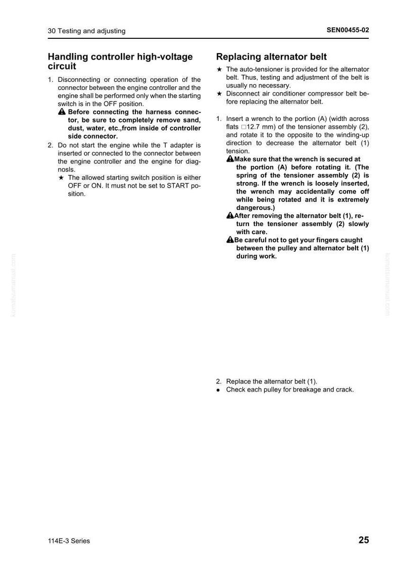 Peut inclure: Page d'un manuel avec des instructions pour manipuler un circuit haute tension et remplacer une courroie d'alternateur. Le texte comprend des consignes de s&eacute;curit&eacute; et des conseils d'entretien automobile.