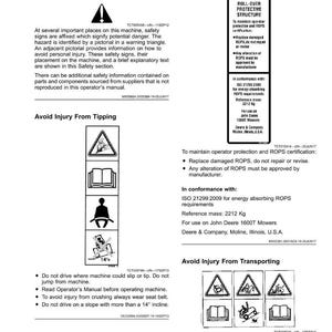 May include: A manual page titled "Safety Labels No-Text" with diagrams and text about machine safety. It features warnings about tipping, transporting, and roll-over protective structures. The text provides safety instructions and warnings.