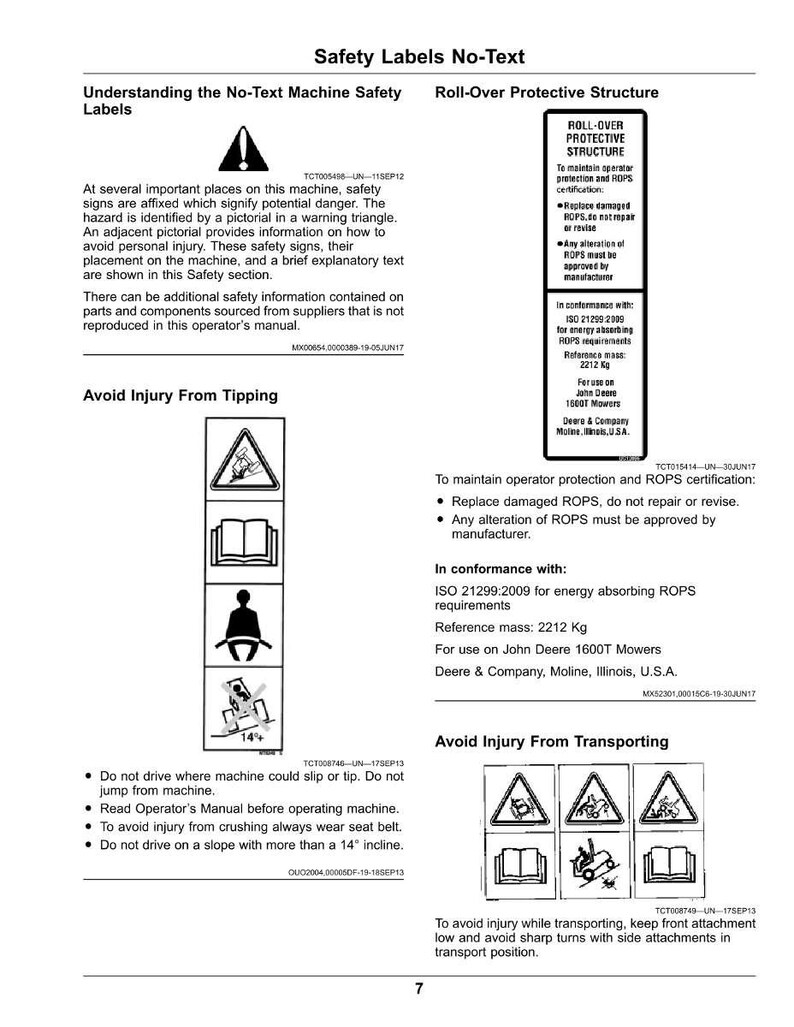 May include: A manual page titled "Safety Labels No-Text" with diagrams and text about machine safety. It features warnings about tipping, transporting, and roll-over protective structures. The text provides safety instructions and warnings.