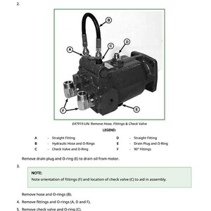 Peut inclure: Sch&eacute;ma d'un moteur d'entra&icirc;nement de plateforme avec des composants &eacute;tiquet&eacute;s pour le d&eacute;montage. Comprend des raccords droits, des flexibles hydrauliques, des clapets de contr&ocirc;le, des bouchons de vidange et des joints toriques.