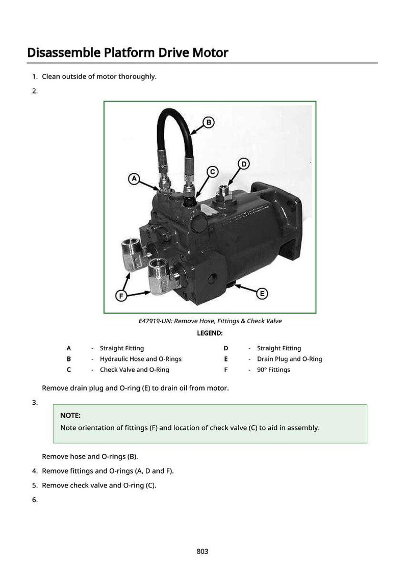 Peut inclure: Sch&eacute;ma d'un moteur d'entra&icirc;nement de plateforme avec des composants &eacute;tiquet&eacute;s pour le d&eacute;montage. Comprend des raccords droits, des flexibles hydrauliques, des clapets de contr&ocirc;le, des bouchons de vidange et des joints toriques.