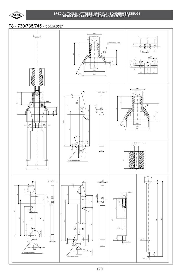 Puede incluir: Dibujo t&eacute;cnico de herramientas especiales, con diagramas detallados y medidas. La imagen presenta m&uacute;ltiples vistas de las herramientas, con dimensiones en cm y otras unidades. El logotipo de DANA y la informaci&oacute;n del producto est&aacute;n en la parte superior.