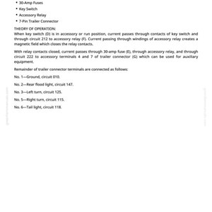 May include: A white page with black text detailing trailer power connections. The text includes "FUNCTION," "MAJOR COMPONENTS," and "THEORY OF OPERATION." Major components listed are 30-Amp Fuses, Key Switch, Accessory Relay, and 7-Pin Trailer Connector.