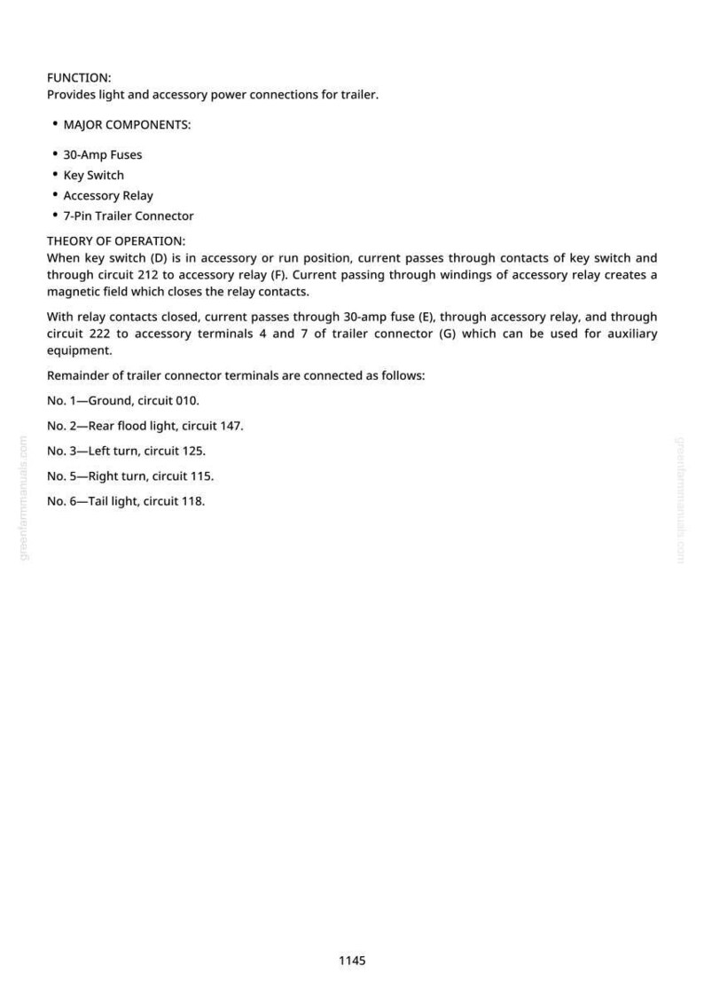 May include: A white page with black text detailing trailer power connections. The text includes "FUNCTION," "MAJOR COMPONENTS," and "THEORY OF OPERATION." Major components listed are 30-Amp Fuses, Key Switch, Accessory Relay, and 7-Pin Trailer Connector.