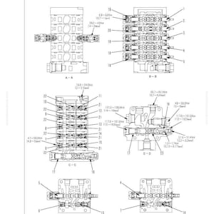 Op de afbeelding: Technische tekening van een linker 5-spoolklep, scarificatiespecificatie. De afbeelding bevat meerdere gedetailleerde weergaven met de labels A-A, B-B, C-C, D-D, E-E en F-F, met metingen in Nm en kan. Het diagram is voor de hoofdbesturingsklep.
