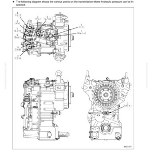 May include: Diagram of a power train with labels indicating points for hydraulic pressure inspection. The image includes multiple views of the power train components, with text labels and arrows pointing to specific areas.