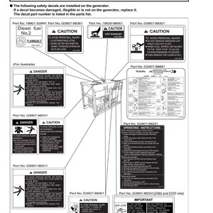 May include: Safety instructions and safety decals for a generator are shown. The image includes various warning labels with text such as "Danger" and "Caution", along with diagrams and part numbers. The text "Diesel fuel No.2" is also visible.