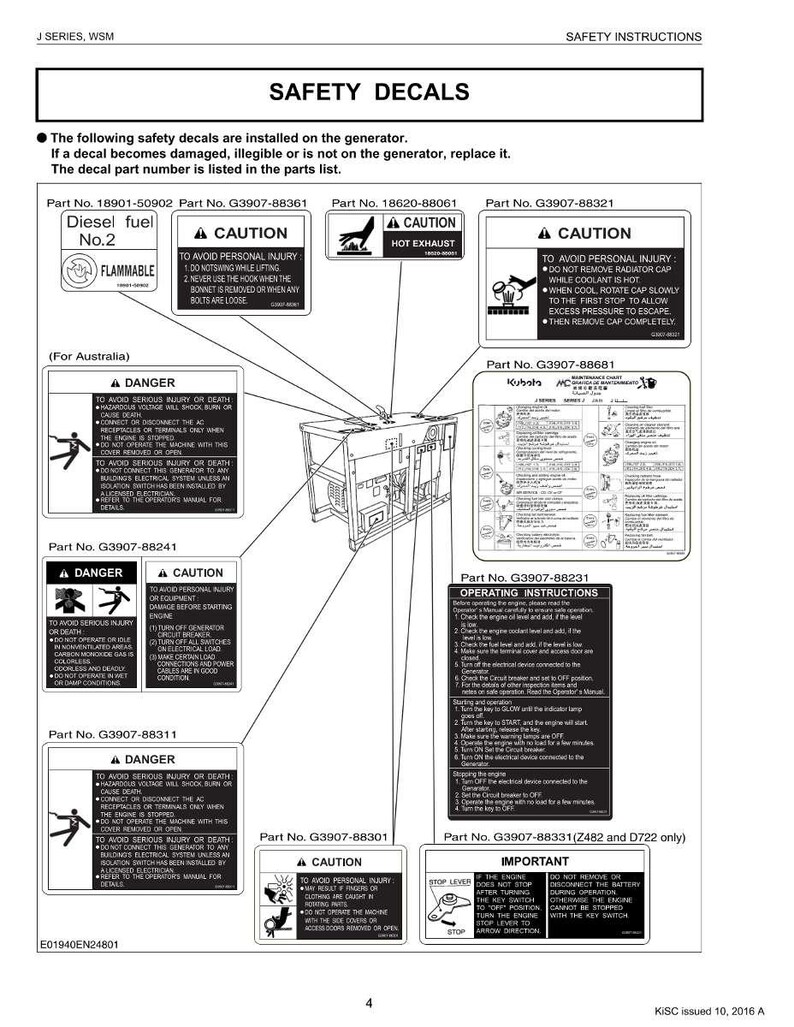 May include: Safety instructions and safety decals for a generator are shown. The image includes various warning labels with text such as "Danger" and "Caution", along with diagrams and part numbers. The text "Diesel fuel No.2" is also visible.