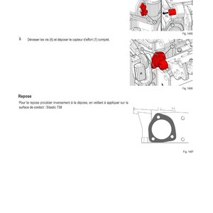 K&ouml;nnte beinhalten: Diagramm, das mechanische Interventionsschritte veranschaulicht. Enth&auml;lt Bilder von Komponenten, die mit Nummern und Text beschriftet sind. Der Text enth&auml;lt Anweisungen zum Entfernen von Schrauben und eines Sensors. Eine Dichtung ist ebenfalls abgebildet.