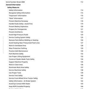 May include: A page from a manual titled "Table of Contents" with a list of safety measures and general information. The text is black on a white background, with page numbers on the right.