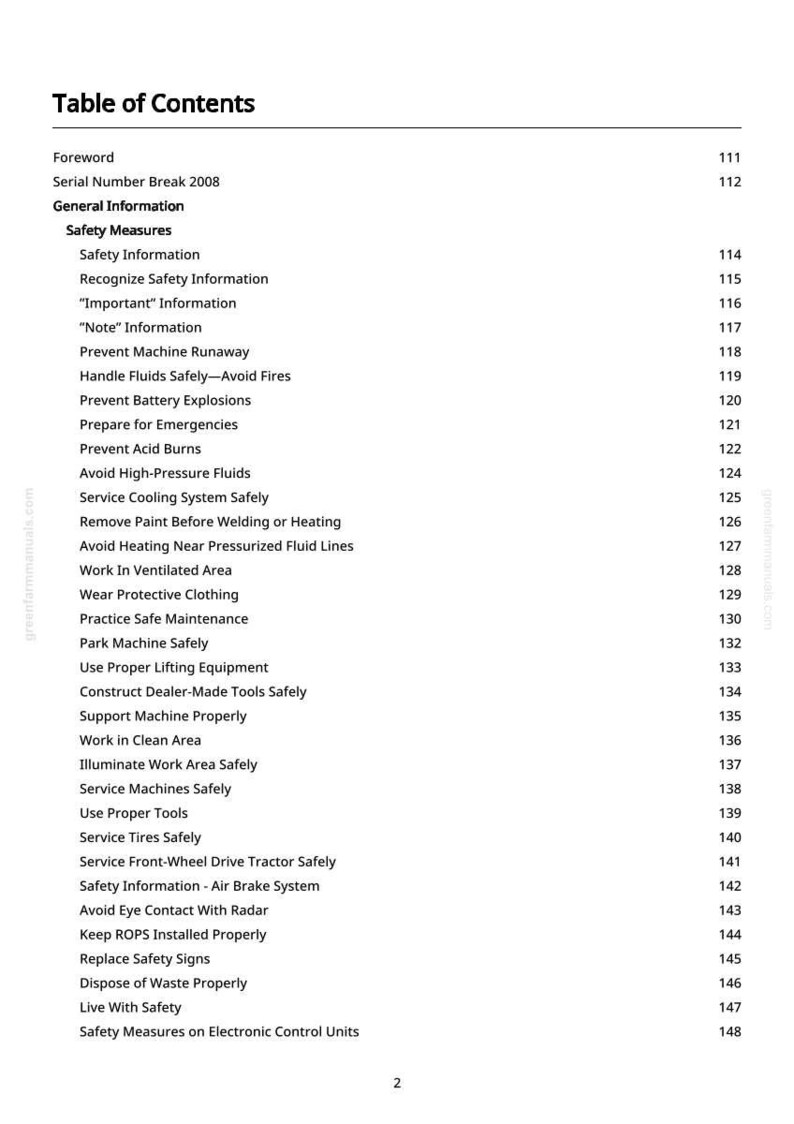 May include: A page from a manual titled "Table of Contents" with a list of safety measures and general information. The text is black on a white background, with page numbers on the right.