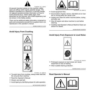 May include: Image showing safety labels without text, with warnings about equipment fires, crushing, and loud noise. The labels feature warning symbols and instructions for safe machine operation. The text includes information on avoiding injury and reading the operator's manual.