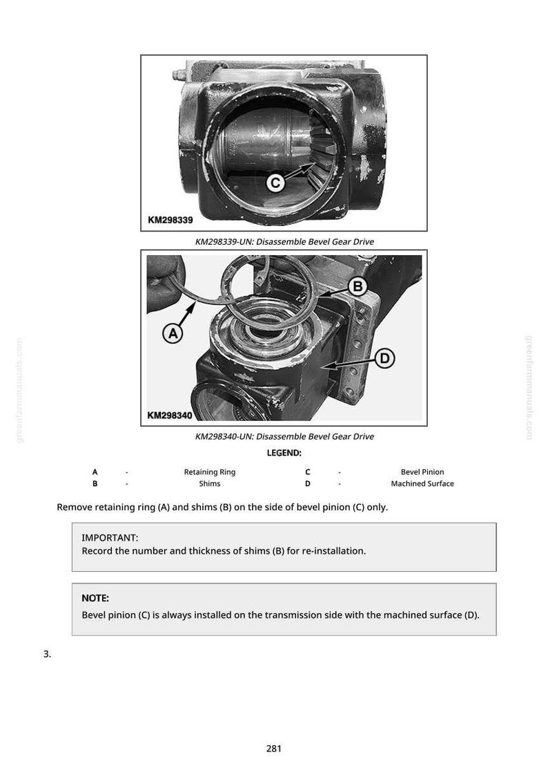 May include: Diagram of a bevel gear drive disassembly. The image shows two detailed views of the gear drive, labeled KM298339 and KM298340, with callouts for retaining rings, shims, and the bevel pinion. Text provides instructions.