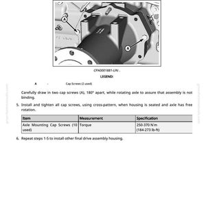 May include: Diagram of an axle assembly with labels and instructions. Includes a detailed view of the axle bearing cavity, cap screws, and torque specifications ranging from 184 to 273 lb-ft. The image also shows the capacity of the axle bearing cavity grease at 5.37 cu in.