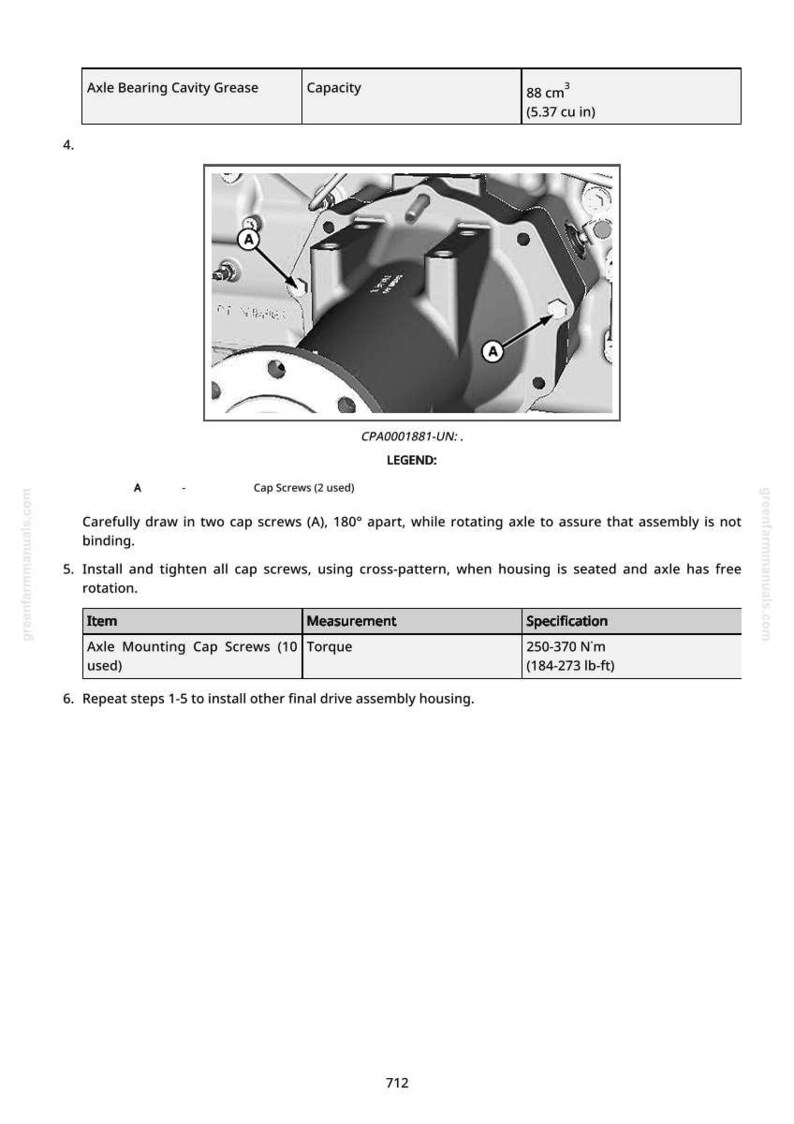 May include: Diagram of an axle assembly with labels and instructions. Includes a detailed view of the axle bearing cavity, cap screws, and torque specifications ranging from 184 to 273 lb-ft. The image also shows the capacity of the axle bearing cavity grease at 5.37 cu in.